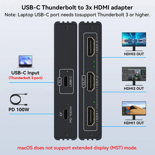 4K@60Hz USB-C to 3 HDMI Adapter ,1 in 3 Out HDMI Splitter Support Extended Mode on Windows for Thunderbolt 3,with 100W PD