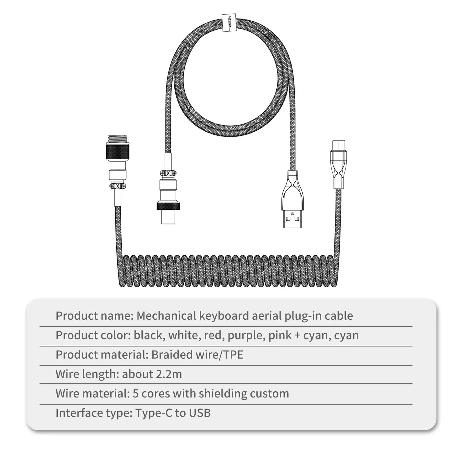 Keyboard Cable USB C For Mechanical Gaming Keyboard Double-Sleeved Wire with Detachable Metal Aviator Connector Charging Coiled