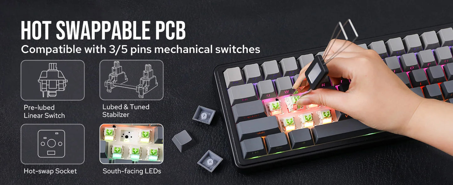 Aula F65 65% Wireless Mechanical Keyboard RGB Backlit Hot Swappable Gasket Custom 3 Mode Gaming Keyboard with Five-Layer Padding