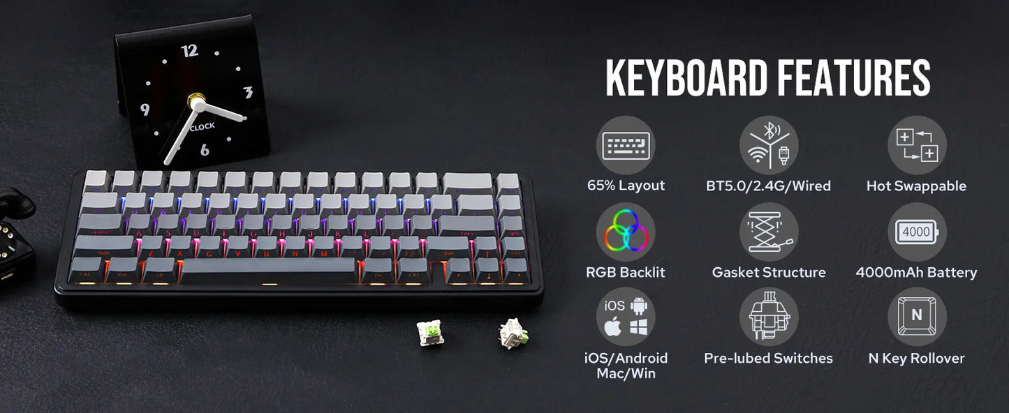 Aula F65 65% Wireless Mechanical Keyboard RGB Backlit Hot Swappable Gasket Custom 3 Mode Gaming Keyboard with Five-Layer Padding