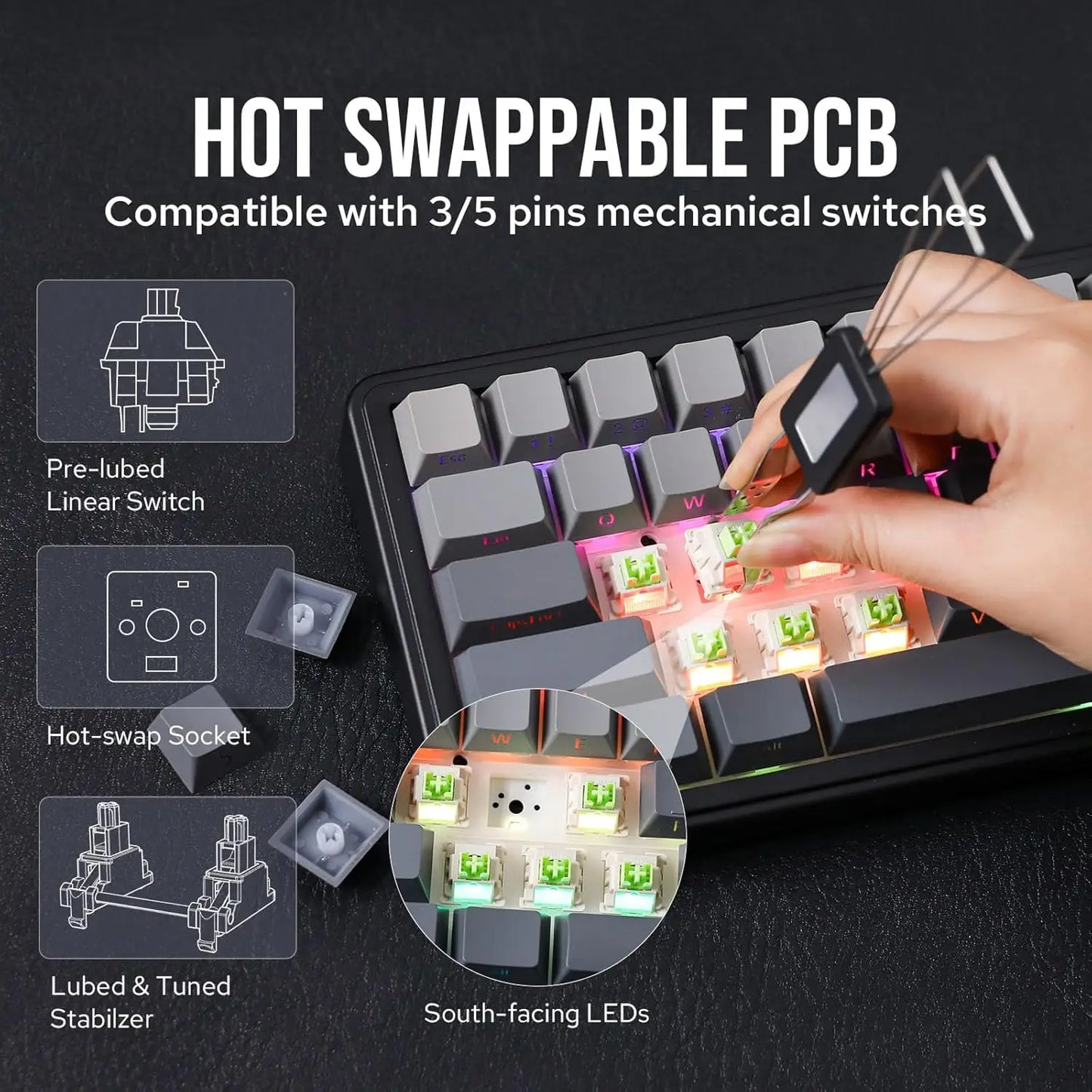 Aula F65 65% Wireless Mechanical Keyboard RGB Backlit Hot Swappable Gasket Custom 3 Mode Gaming Keyboard with Five-Layer Padding