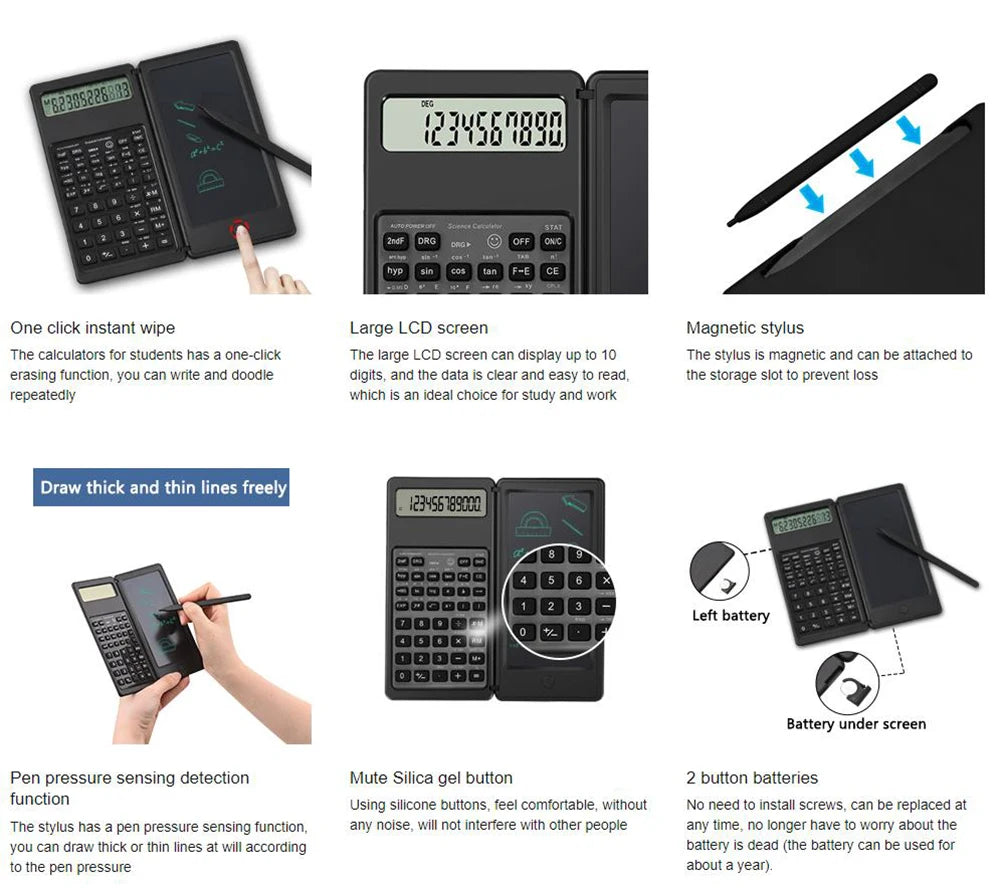 2-In-1 Foldable Scientific Calculator & 6 inch Writing Tablet 10 Digit LCD Display For College Office Student Teacher Accountant