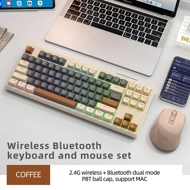FREEWOLF M87 Wireless Keyboard and Mouse Set, 87keys Bluetooth Dual Mode Keyboard Mouse Kit with Rainbow-light RGB,PBT Ballcaps