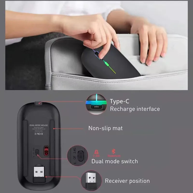 Wireless Mouse Rechargeable Dual Modes Bluetooth-combatible 2.4G USB Computer Mice For Laptop iPad Tablet Notebook Gaming Mouse