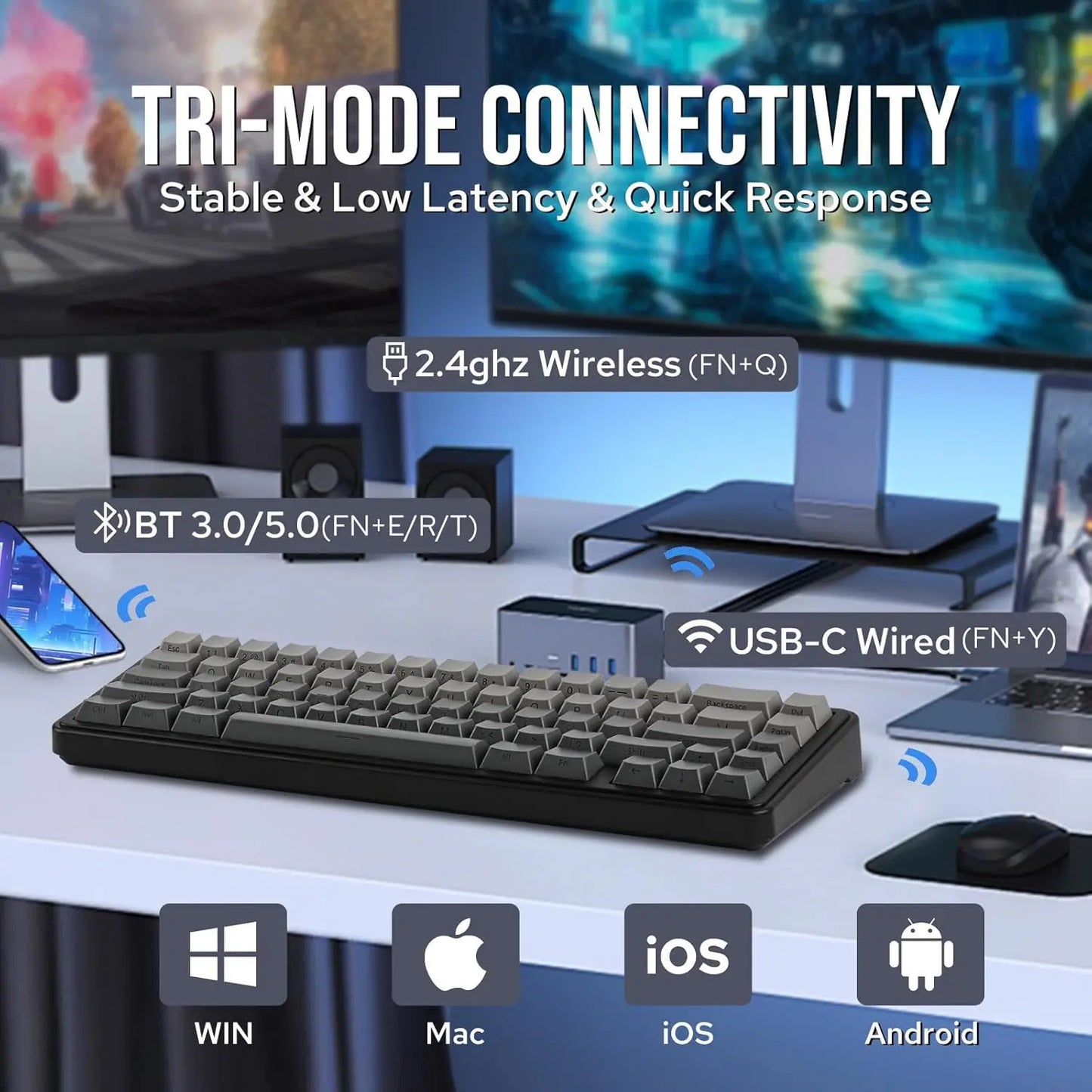 Aula F65 65% Wireless Mechanical Keyboard RGB Backlit Hot Swappable Gasket Custom 3 Mode Gaming Keyboard with Five-Layer Padding