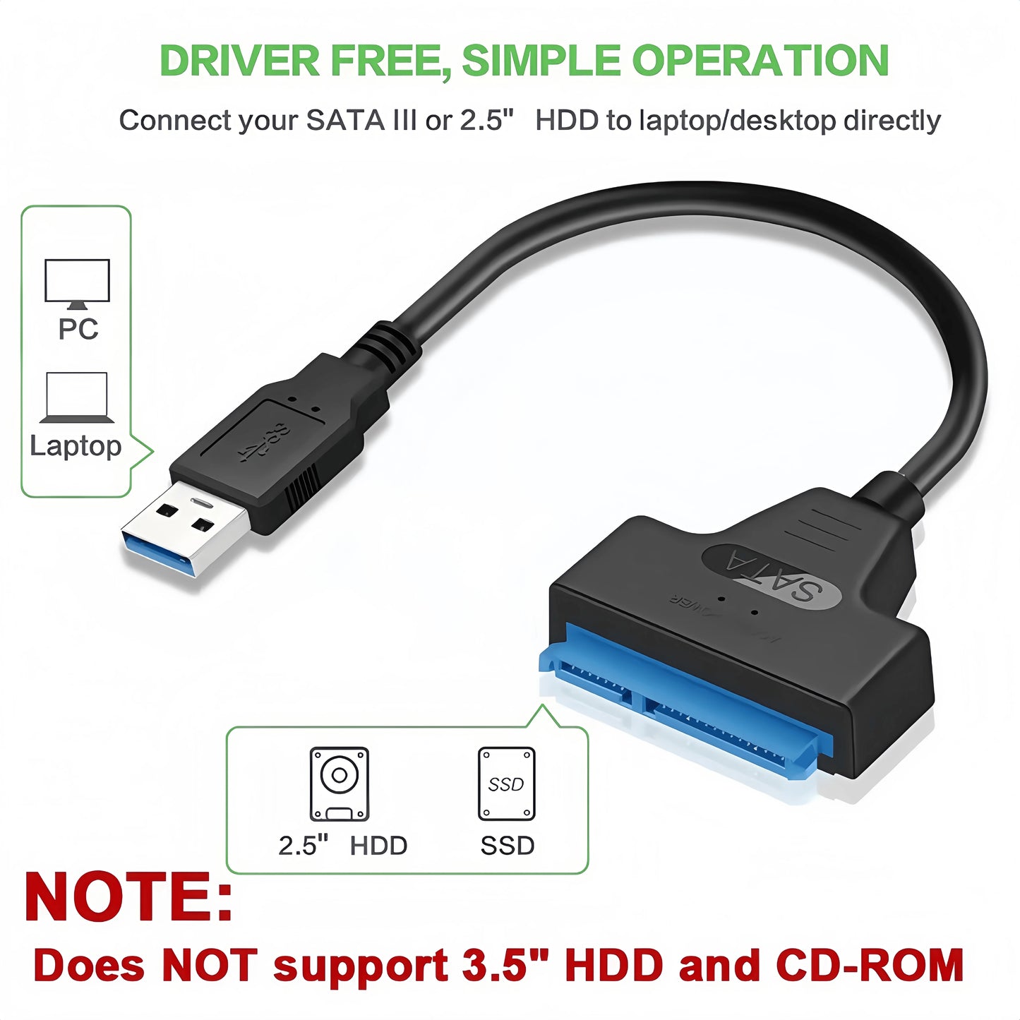 USB 3.0 to SATA III Adapter Cable - 6Gbps 2.5" HDD/SSD Converter with 22-Pin Connector for Laptop/PC (Plug & Play)