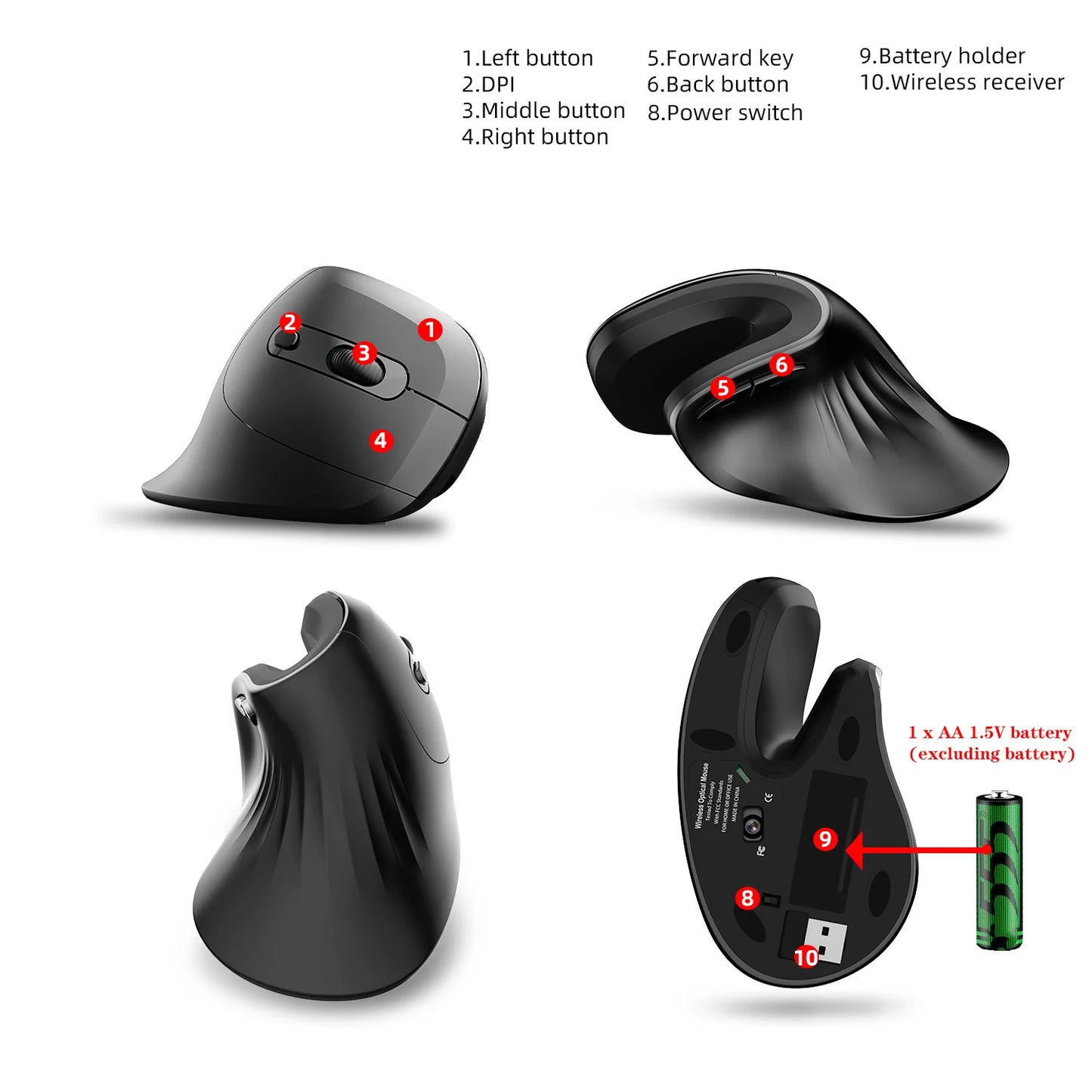 Ergonomic 2.4G USB Wireless Vertical Mouse Battery Silent Wrist Healthy Mice Mause for Laptop Computer Office Work Gamin