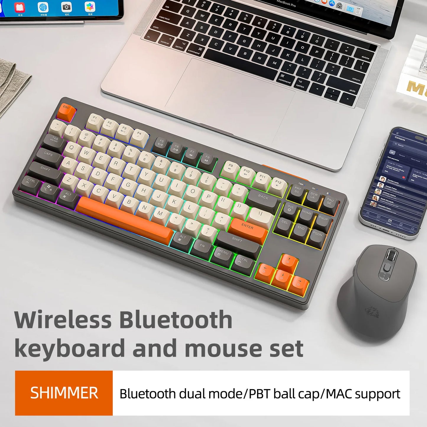 FREEWOLF M87 Wireless Keyboard and Mouse Set, 87keys Bluetooth Dual Mode Keyboard Mouse Kit with Rainbow-light RGB,PBT Ballcaps