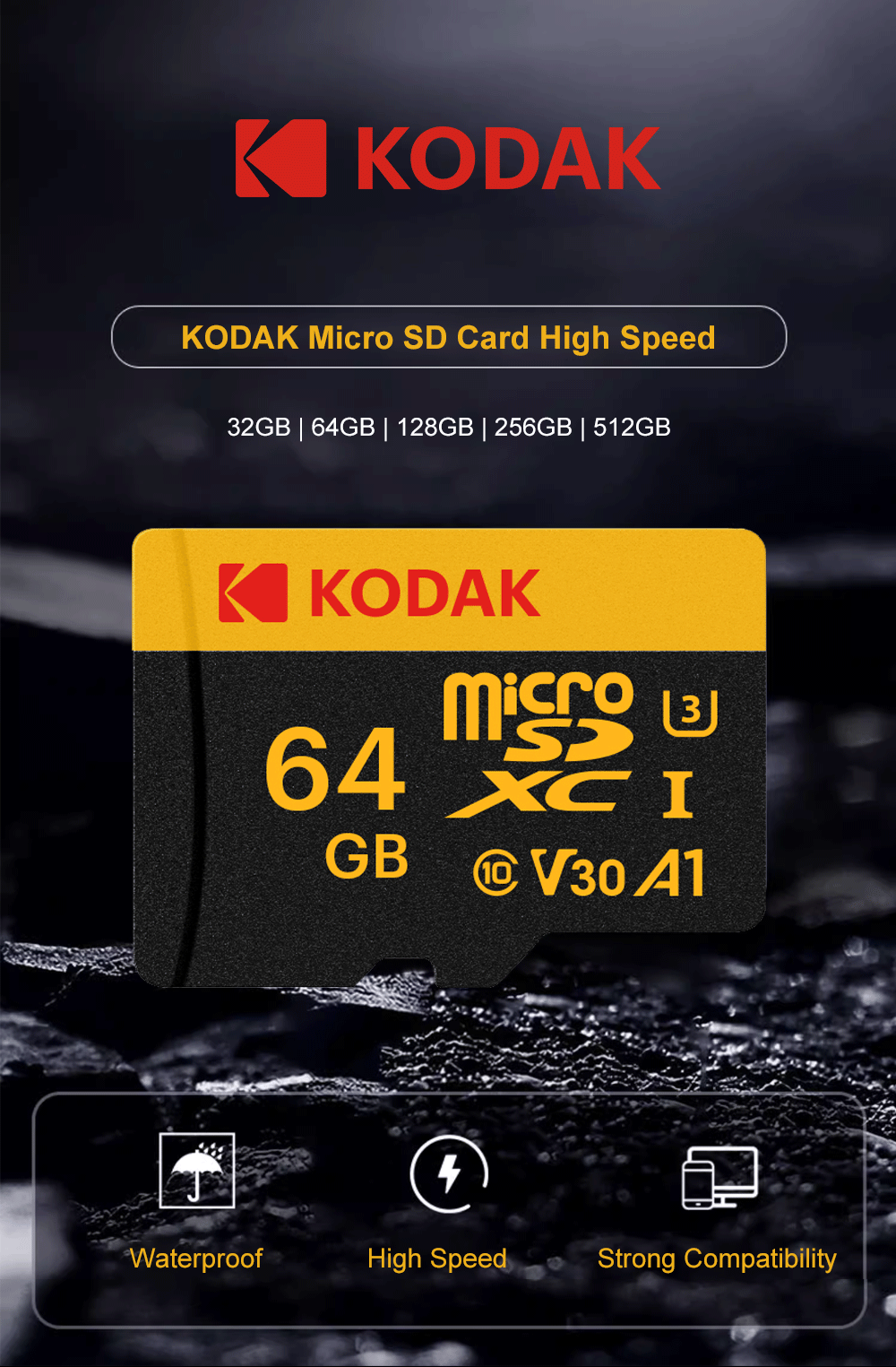 KODAK Memory Card 512GB 256GB Micro SD UP TO 100MB/s Class10 U3 32GB 64GB 128GB TF Card HD For USB Card Reader Adapter Microsd