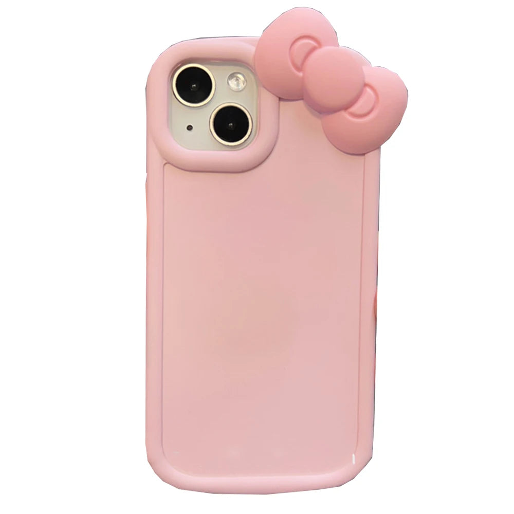 Korean Cute 3D Pink Bowknot Soft Silicone Oval Phone Case For iPhone 14 13 12 11 Pro Max X XR Soild Color Shockproof Back Cover