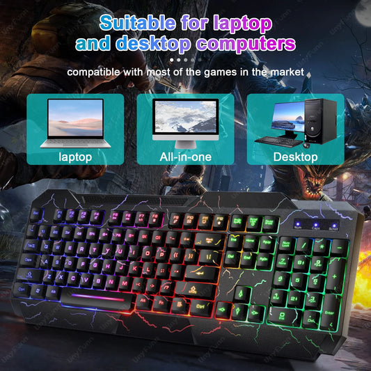 Ergonomic Gaming Keyboard& Mouse Set with Crack Rainbow Glow Backlight Gaming Peripheral Membranes Feel Luminous Keyboard Mouse