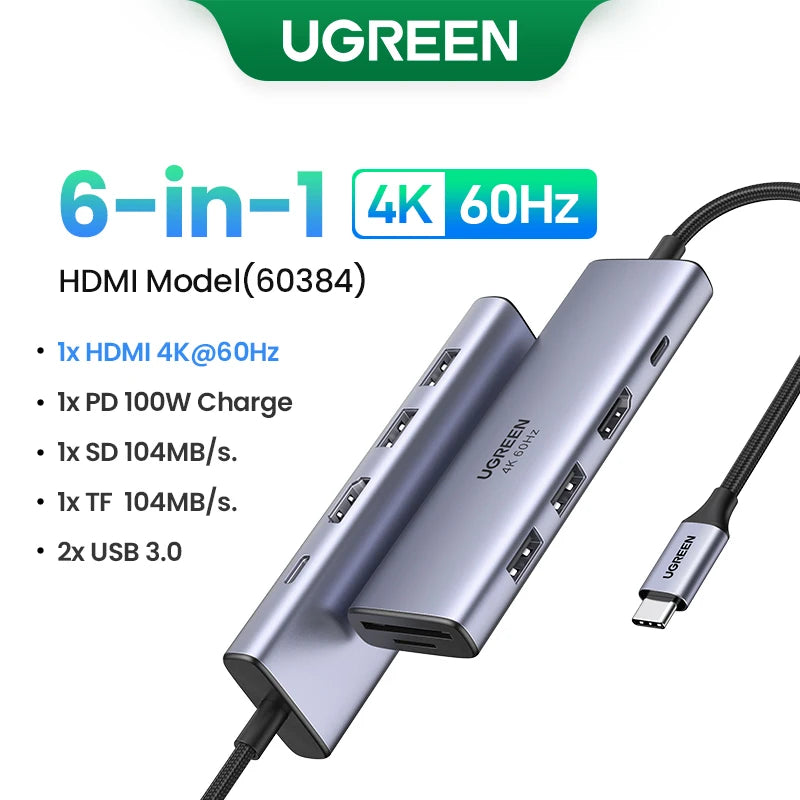 UGREEN 5-in-1 USB C HUB 4K HDMI USB3.0 HUB PD100W Multiport Adapter for Laptop MacBook Pro/Air iPad Pro iPhone15/16 Samsung Dell