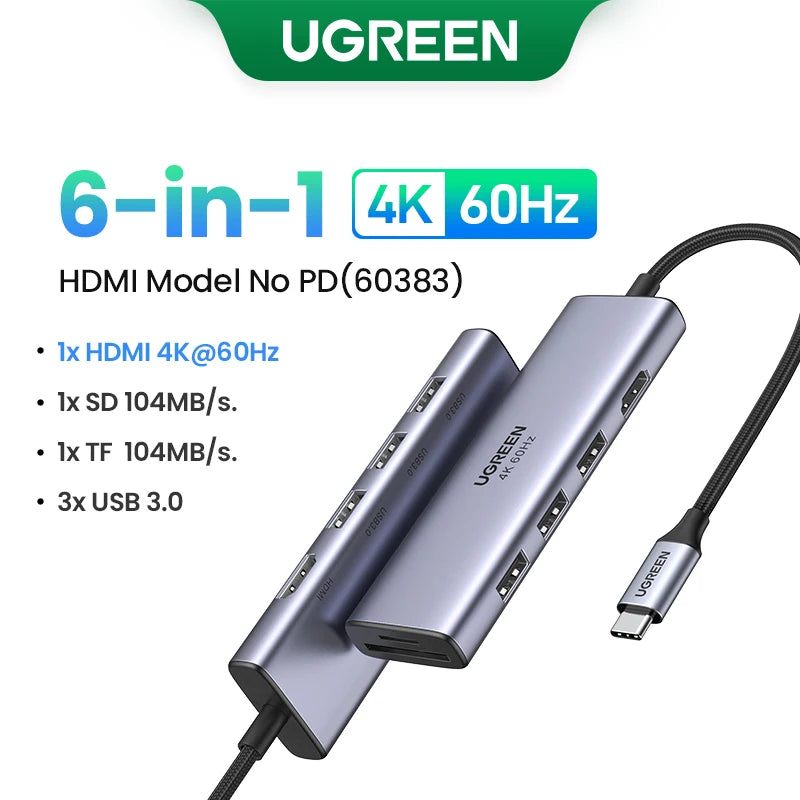 UGREEN 5-in-1 USB C HUB 4K HDMI USB3.0 HUB PD100W Multiport Adapter for Laptop MacBook Pro/Air iPad Pro iPhone15/16 Samsung Dell