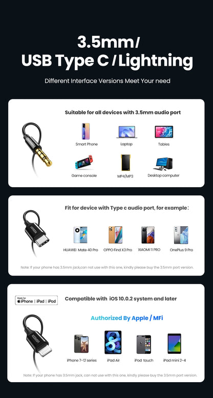 UGREEN Wired Earphone With Microphone In Ear 3.5mm Noise Cancelling USB Type C Lightning Earphones For iPhone 15 Pro Max Xiaomi