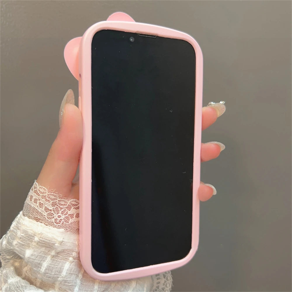 Korean Cute 3D Pink Bowknot Soft Silicone Oval Phone Case For iPhone 14 13 12 11 Pro Max X XR Soild Color Shockproof Back Cover