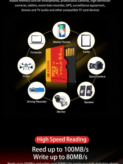 KODAK Micro SD Card Class10 U3 Memory Card MicroSD 64GB 128GB 256GB SD/TF Flash Card on For Smartphone Tablet Camera