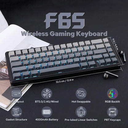 Aula F65 65% Wireless Mechanical Keyboard RGB Backlit Hot Swappable Gasket Custom 3 Mode Gaming Keyboard with Five-Layer Padding