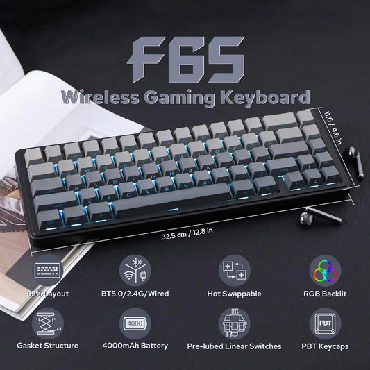 Aula F65 65% Wireless Mechanical Keyboard RGB Backlit Hot Swappable Gasket Custom 3 Mode Gaming Keyboard with Five-Layer Padding