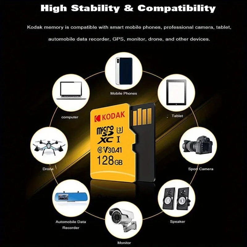 Kodak Micro SD Card Mini SD Class 10 32GB-256GB capacity, suitable for smartphones, dash recorders, drones, gimbals