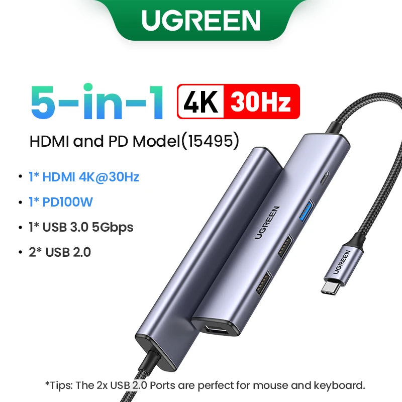 UGREEN 5-in-1 USB C HUB 4K HDMI USB3.0 HUB PD100W Multiport Adapter for Laptop MacBook Pro/Air iPad Pro iPhone15/16 Samsung Dell