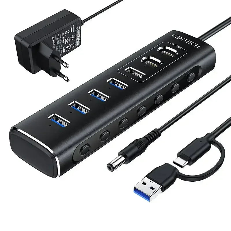 RSHTECH Powered USB Hub 7 Ports USB Extension 10Gbps USB-A and 2 USB-C Data Ports Individual On/Off Switches 12V Power Adapter