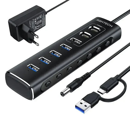 RSHTECH Powered USB Hub 7 Ports USB Extension 10Gbps USB-A and 2 USB-C Data Ports Individual On/Off Switches 12V Power Adapter