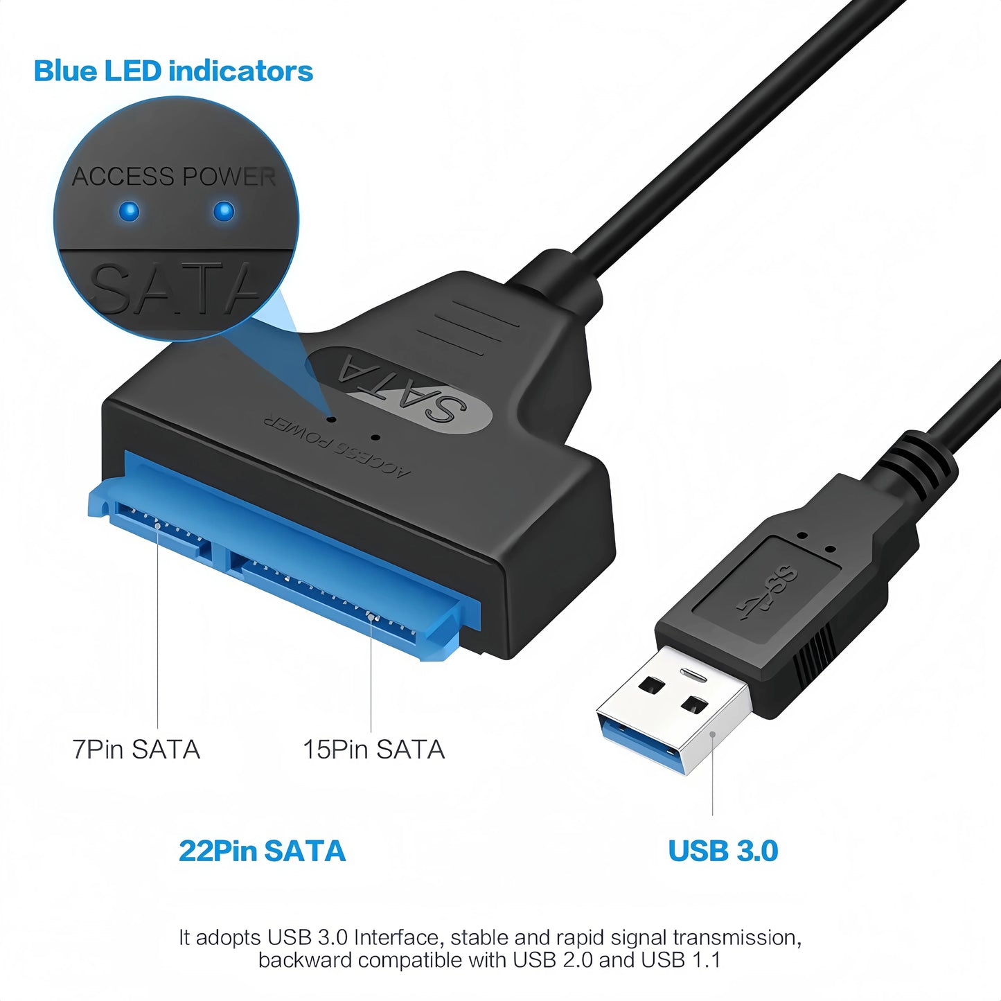 USB 3.0 to SATA III Adapter Cable - 6Gbps 2.5" HDD/SSD Converter with 22-Pin Connector for Laptop/PC (Plug & Play)