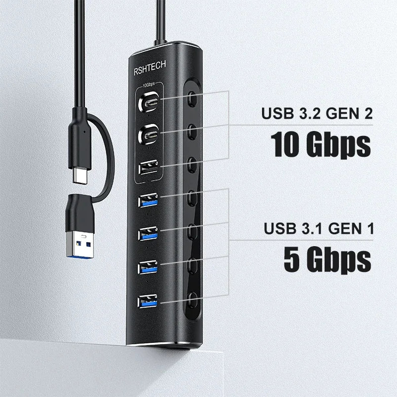 RSHTECH Powered USB Hub 7 Ports USB Extension 10Gbps USB-A and 2 USB-C Data Ports Individual On/Off Switches 12V Power Adapter