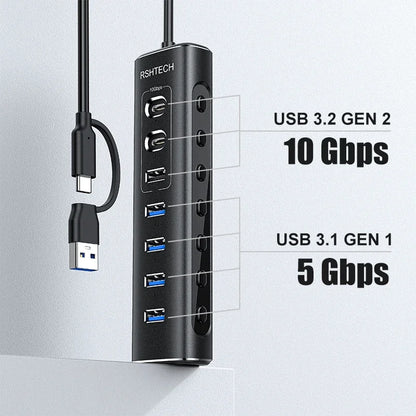 RSHTECH Powered USB Hub 7 Ports USB Extension 10Gbps USB-A and 2 USB-C Data Ports Individual On/Off Switches 12V Power Adapter