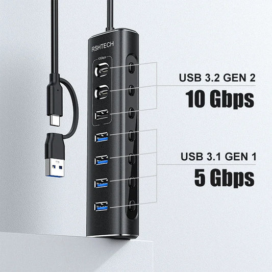 RSHTECH Powered USB Hub 7 Ports USB Extension 10Gbps USB-A and 2 USB-C Data Ports Individual On/Off Switches 12V Power Adapter