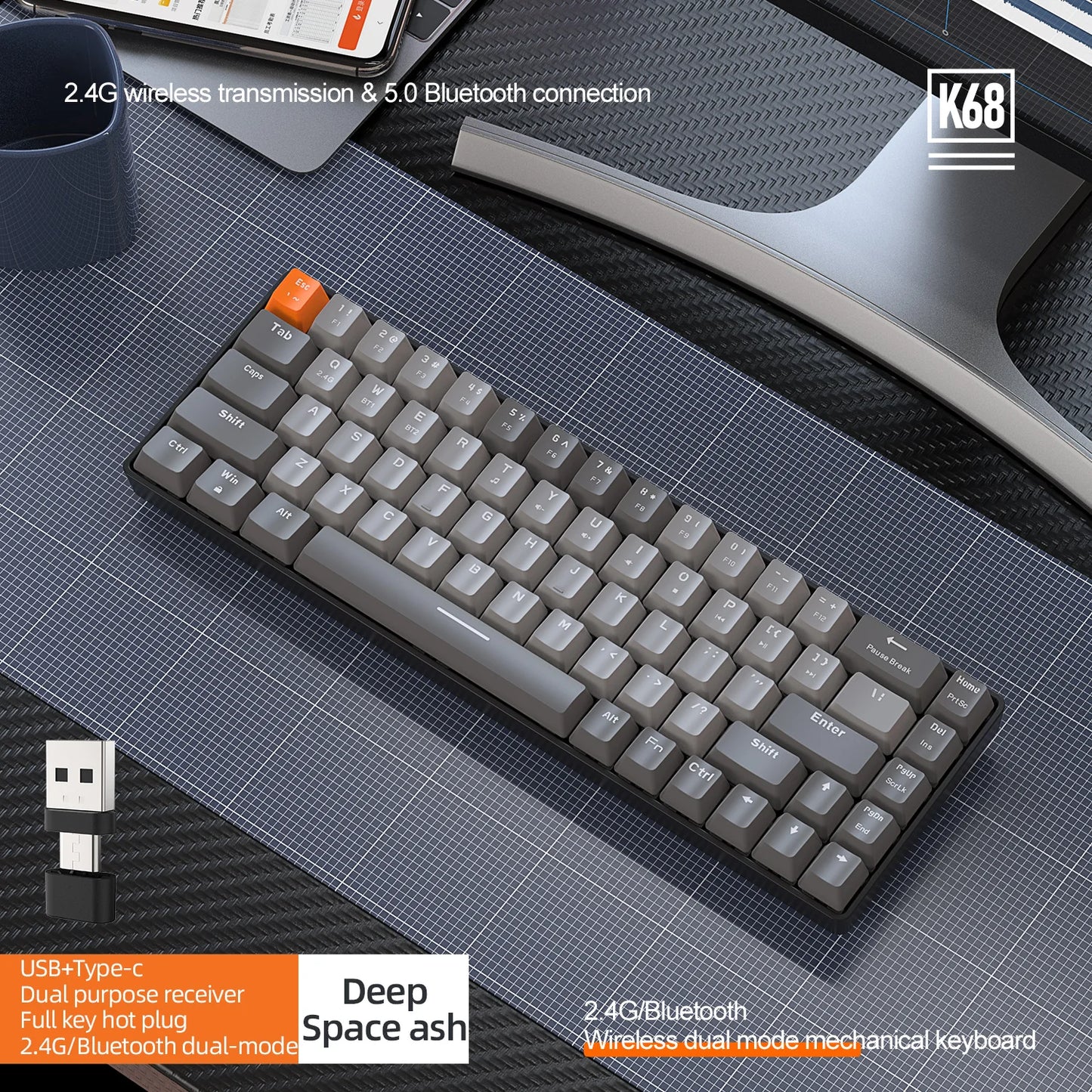 60% Wireless Mechanical Keyboard Bluetooth Dual Mode Hot-Swap Ziyoulang K68 Mini Keyboard 68-Key Red Switch for PC/IPhone iPad