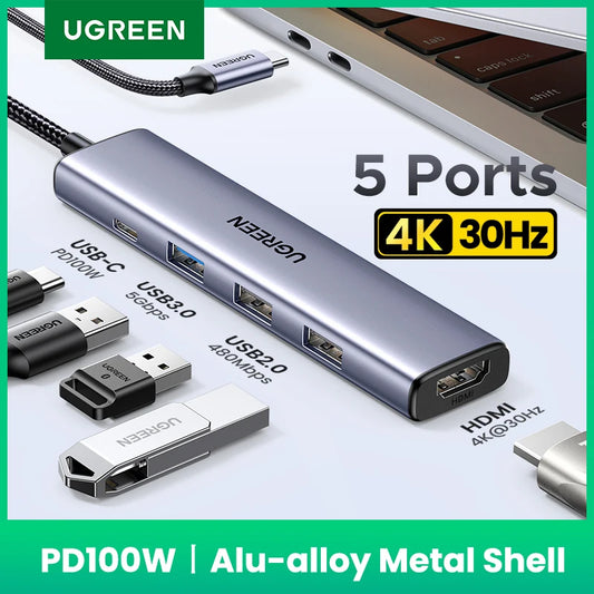 UGREEN 5-in-1 USB C HUB 4K HDMI USB3.0 HUB PD100W Multiport Adapter for Laptop MacBook Pro/Air iPad Pro iPhone15/16 Samsung Dell