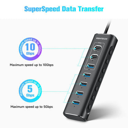 RSHTECH Powered USB Hub 7 Ports USB Extension 10Gbps USB-A and 2 USB-C Data Ports Individual On/Off Switches 12V Power Adapter