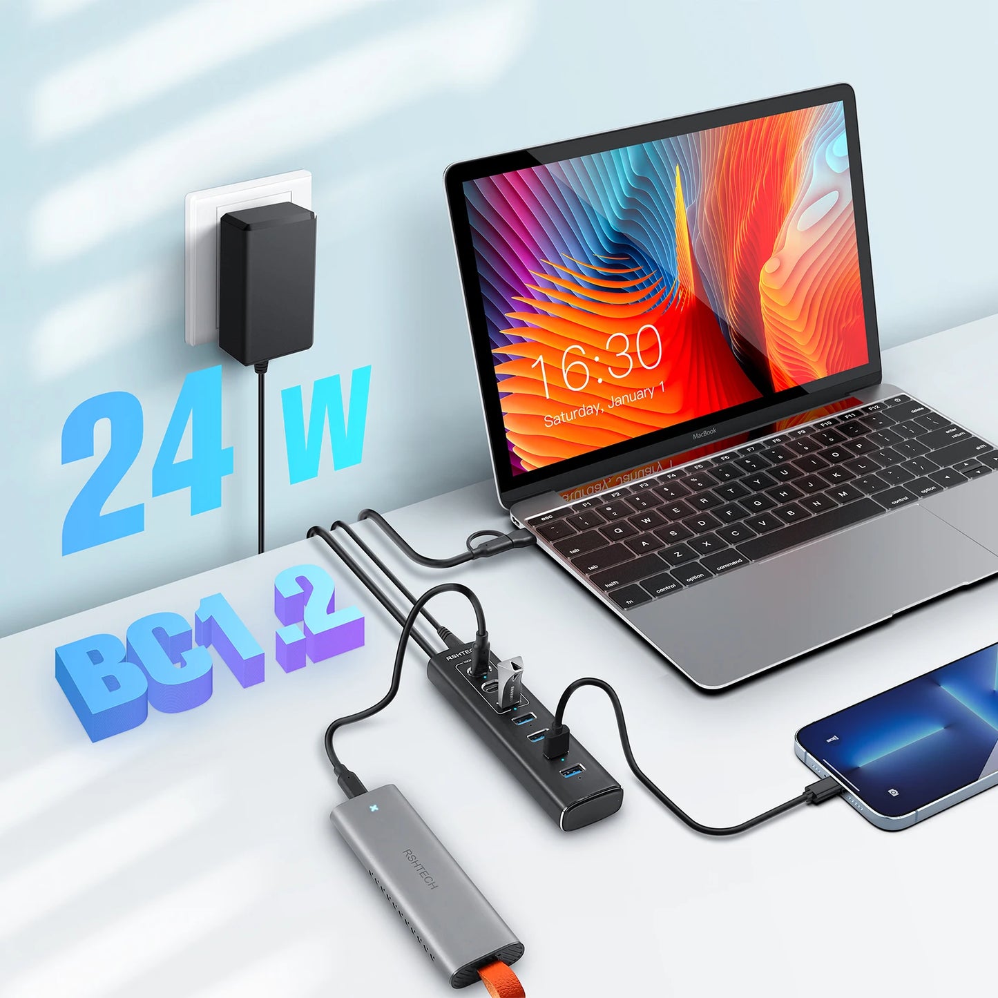 RSHTECH Powered USB Hub 7 Ports USB Extension 10Gbps USB-A and 2 USB-C Data Ports Individual On/Off Switches 12V Power Adapter