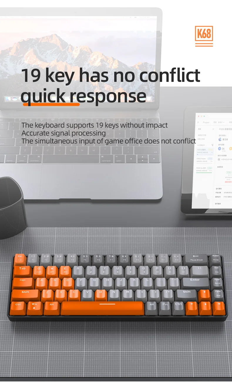 60% Wireless Mechanical Keyboard Bluetooth Dual Mode Hot-Swap Ziyoulang K68 Mini Keyboard 68-Key Red Switch for PC/IPhone iPad