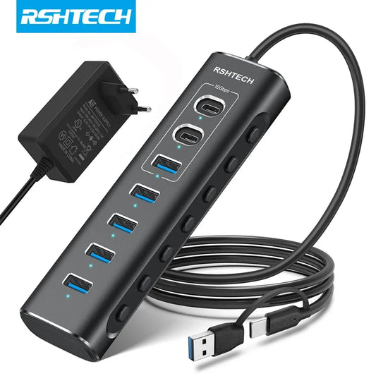 RSHTECH Powered USB Hub 7 Ports USB Extension 10Gbps USB-A and 2 USB-C Data Ports Individual On/Off Switches 12V Power Adapter