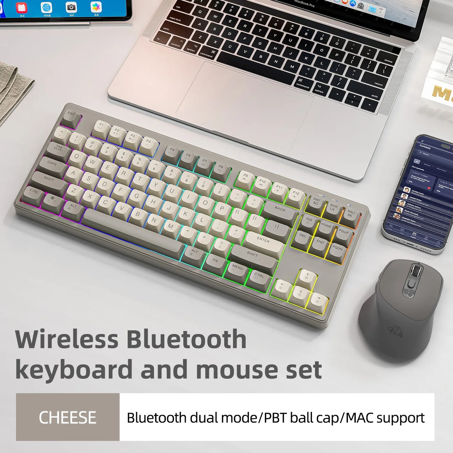 FREEWOLF M87 Wireless Keyboard and Mouse Set, 87keys Bluetooth Dual Mode Keyboard Mouse Kit with Rainbow-light RGB,PBT Ballcaps