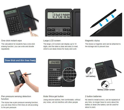 2-In-1 Foldable Scientific Calculator & 6 inch Writing Tablet 10 Digit LCD Display For College Office Student Teacher Accountant