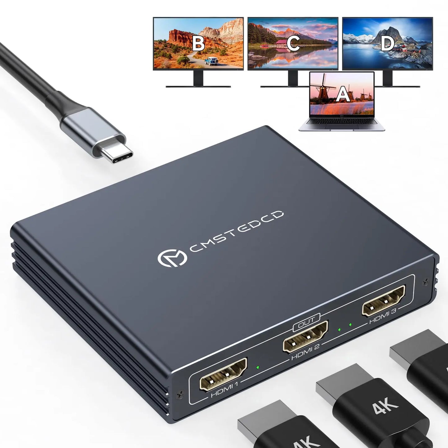4K@60Hz USB-C to 3 HDMI Adapter ,1 in 3 Out HDMI Splitter Support Extended Mode on Windows for Thunderbolt 3,with 100W PD