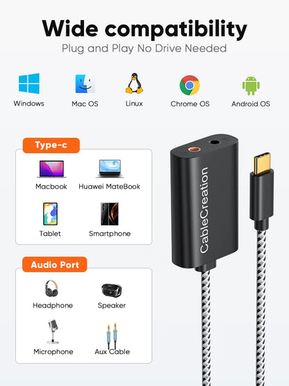 CableCreation Type C Sound Card External Stereo USB C to 3.5 mm Microphone Adapter Audio Jack For Macbook Pro iPad S20 S21Ultra