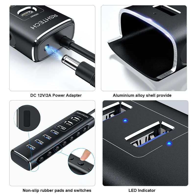 RSHTECH Powered USB Hub 7 Ports USB Extension 10Gbps USB-A and 2 USB-C Data Ports Individual On/Off Switches 12V Power Adapter