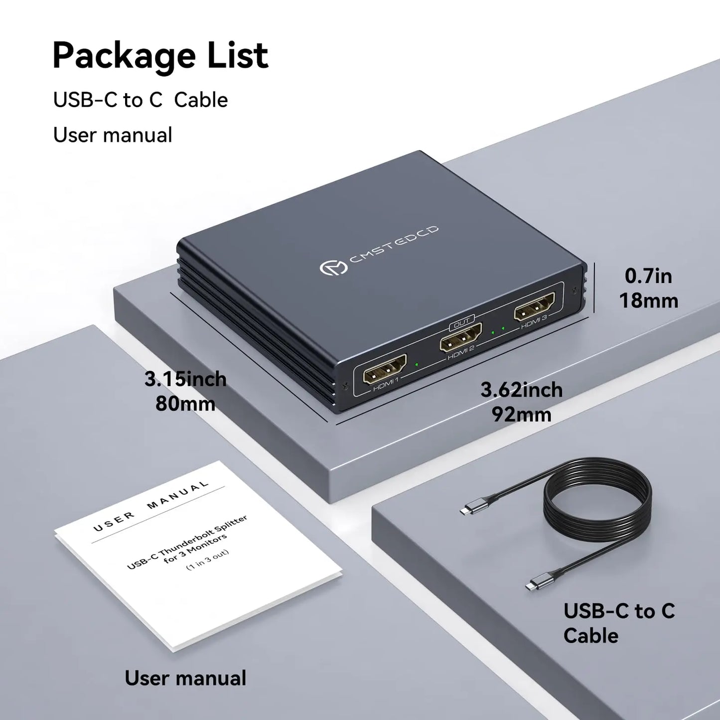 4K@60Hz USB-C to 3 HDMI Adapter ,1 in 3 Out HDMI Splitter Support Extended Mode on Windows for Thunderbolt 3,with 100W PD