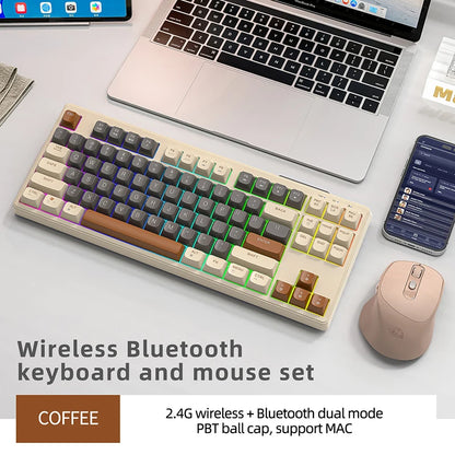 FREEWOLF M87 Wireless Keyboard and Mouse Set, 87keys Bluetooth Dual Mode Keyboard Mouse Kit with Rainbow-light RGB,PBT Ballcaps