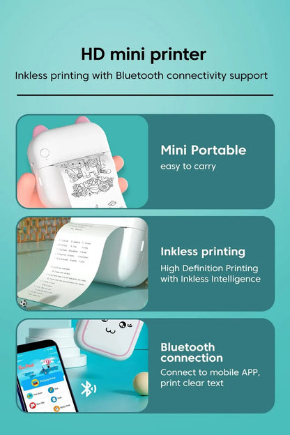 Portable Mini Thermal Photo Printer Cordless Label Printer Rechargeable Design Compact for Text Photos and Symbols for Printing