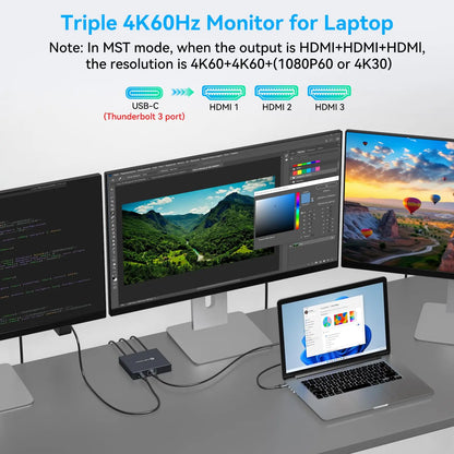 4K@60Hz USB-C to 3 HDMI Adapter ,1 in 3 Out HDMI Splitter Support Extended Mode on Windows for Thunderbolt 3,with 100W PD