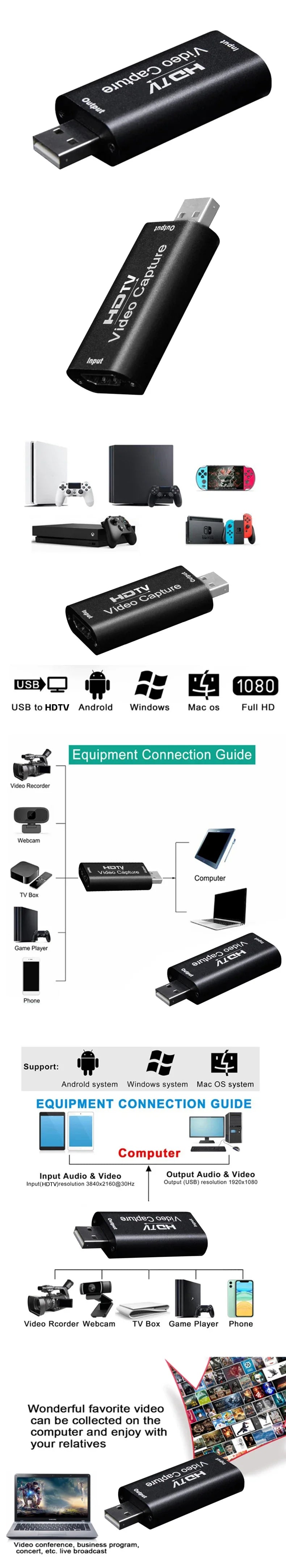 HD 4K Video Capture Card USB3.0 2.0 HDTV Video Grabber Record Box for PS4 Game DVD Camcorder Camera Recording Live Streaming