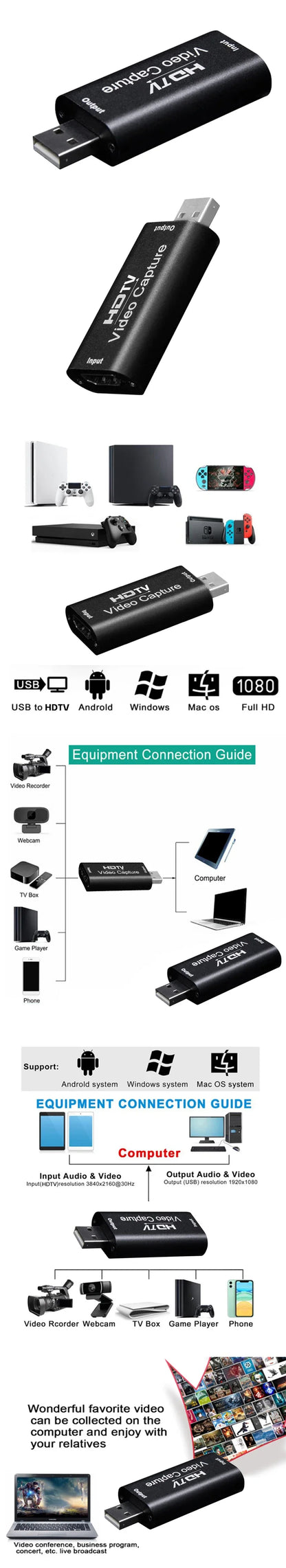 HD 4K Video Capture Card USB3.0 2.0 HDTV Video Grabber Record Box for PS4 Game DVD Camcorder Camera Recording Live Streaming