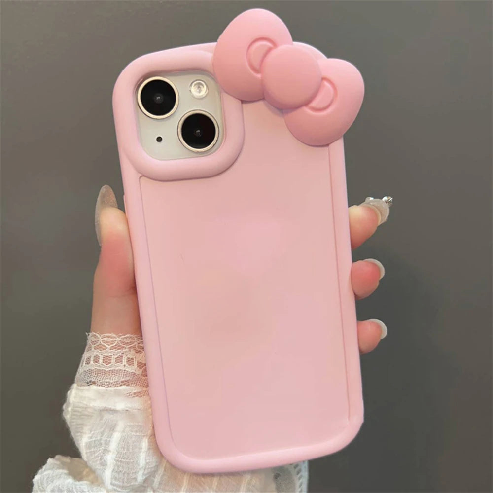 Korean Cute 3D Pink Bowknot Soft Silicone Oval Phone Case For iPhone 14 13 12 11 Pro Max X XR Soild Color Shockproof Back Cover