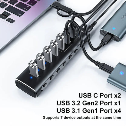 RSHTECH Powered USB Hub 7 Ports USB Extension 10Gbps USB-A and 2 USB-C Data Ports Individual On/Off Switches 12V Power Adapter