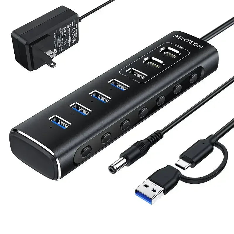 RSHTECH Powered USB Hub 7 Ports USB Extension 10Gbps USB-A and 2 USB-C Data Ports Individual On/Off Switches 12V Power Adapter